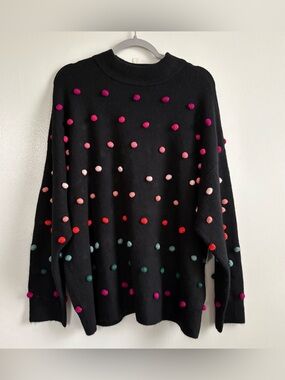 NWT CeCe Black Multicolor Polka Dot Pom Pom Crewneck Pullover Sweater 2X Plus